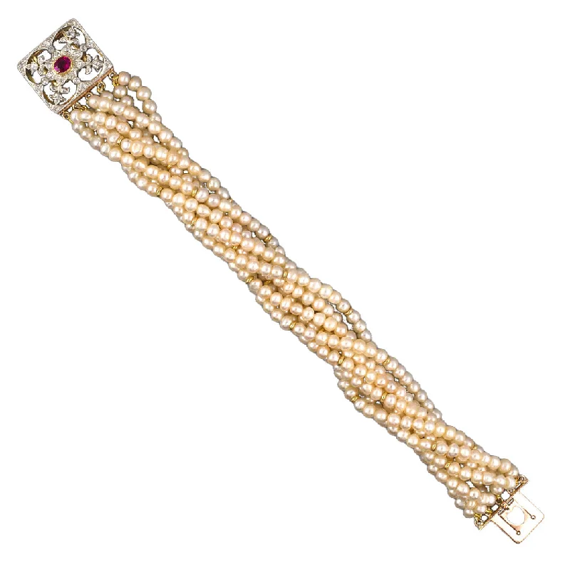 Handmade Pearl Jewelry For Timeless Elegance Victorian 8-Strand Pearl Torsade Bracelet with Ruby & Diamond Clasp