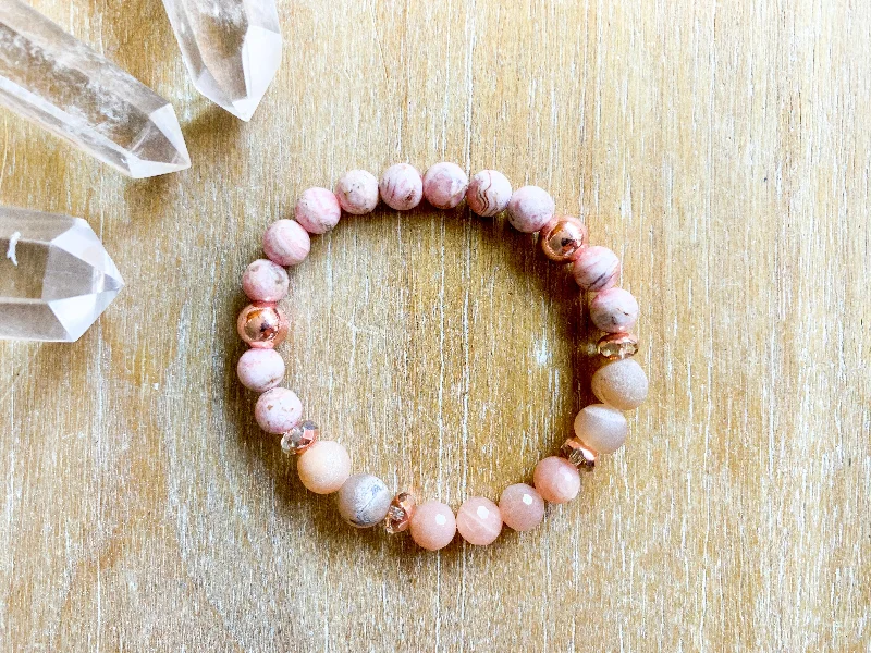 Shop Jewelry That Shines Without The High Price Rhodochrosite, Peach Moonstone & Druzy Quartz Bracelet with Copper Accents || Reiki Infused