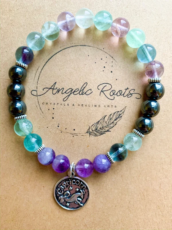 Personalized Jewelry Sale – Unique Gifts At Low Prices CAPRICORN Fluorite, Amethyst, Hematite Beaded Bracelet || Reiki Infused