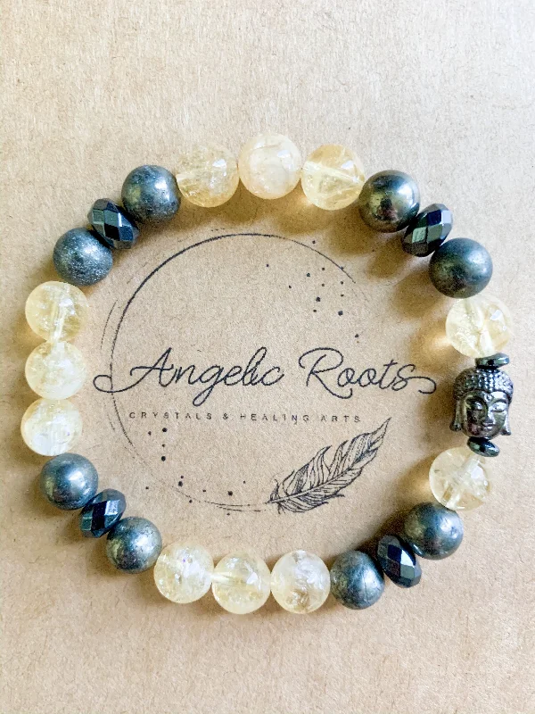 Exclusive Jewelry Sale Event – Shop Now Citrine, Pyrite, & Hematite Beaded Bracelet with Buddha Charm || Reiki Infused