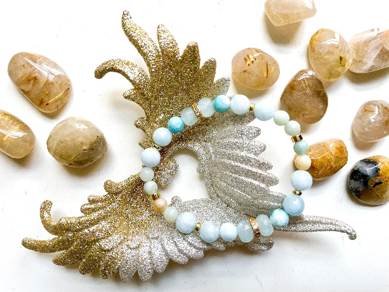 Luxury Handcrafted Jewelry For Elegant Looks Connecting with the Archangel || Archangel Raguel || Aquamarine, Larimar & Amazonite Beaded Bracelet