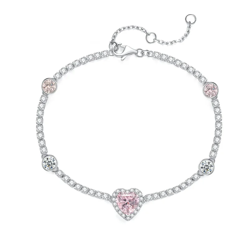 Special Jewelry Deals – Upgrade Your Collection FANCIME "Pink Impression" Halo Heart Tennis Sterling Silver Bracelet