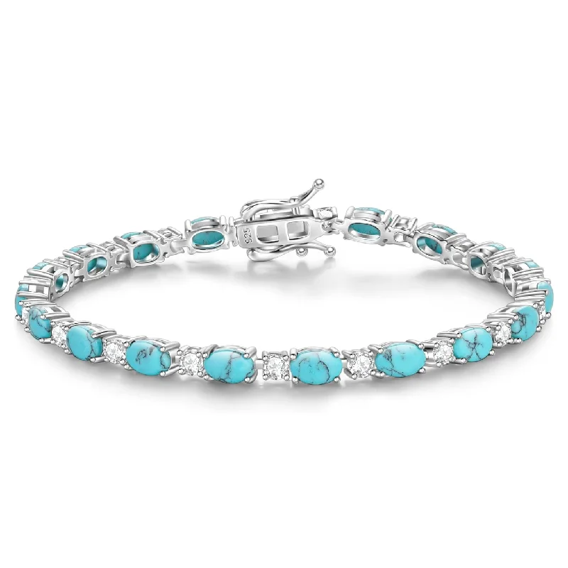 Elegant Jewelry Pieces At Unbelievable Prices "Glamour Radiance" Fancy Cut Tennis Blue Turquoise Stone Sterling Silver Bracelet