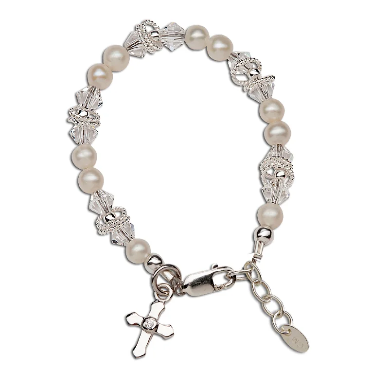 Dainty Floral Jewelry For Feminine Elegance Krista - Sterling Silver Pearl Cross Bracelet for Baptism or First Communion