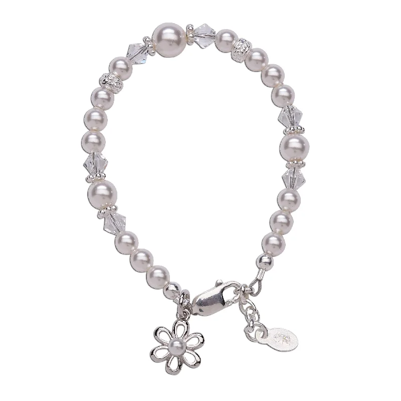 Luxury Jewelry Now At Special Promotional Rates Lila - Sterling Silver High-End Austrian Simulated Pearl Bracelet with Daisy, Flower Girl Gift