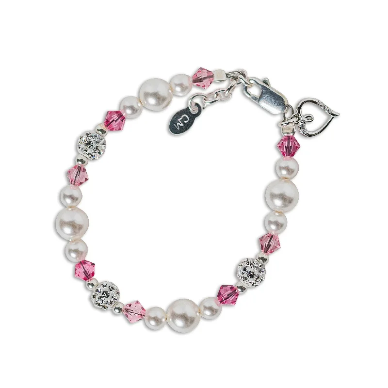 Buy More, Save More On Stunning Jewelry Pieces Little Girls Sterling Silver Baby Bracelet with Simulated Pearls and Pink Crystals with Heart