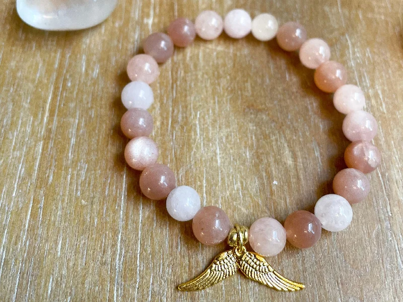 The Perfect Jewelry Piece At The Perfect Price Peach Moonstone & Morganite Bracelet || Gold Angel Wings || Reiki Infused