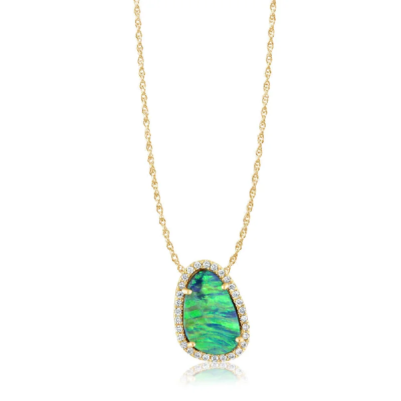 14K Yellow Gold Australian Opal Doublet/Diamond Pendant