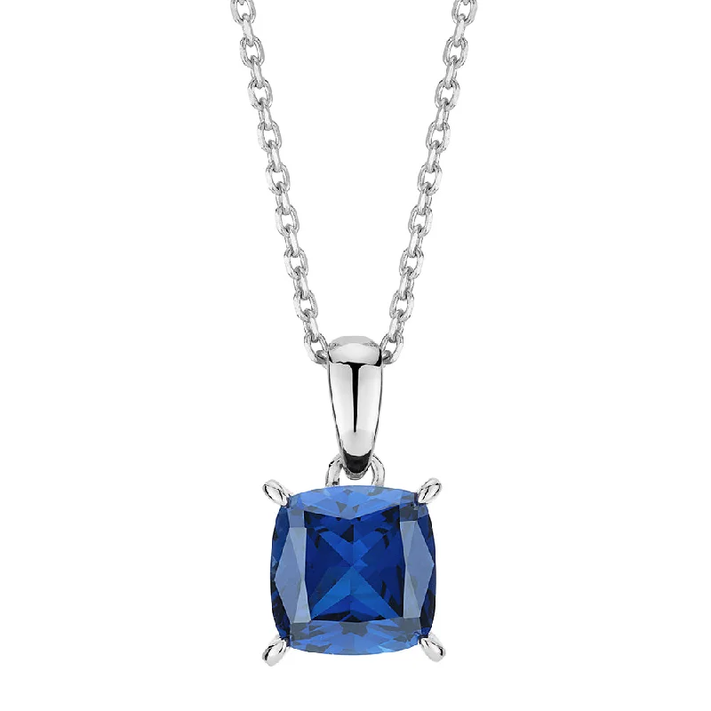 Cushion and Round Brilliant solitaire necklace with sapphire and diamond simulants in sterling silver