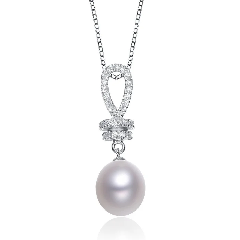 Cz .925 Sterling Silver Rhodium Plated Pearl Drop Pendant