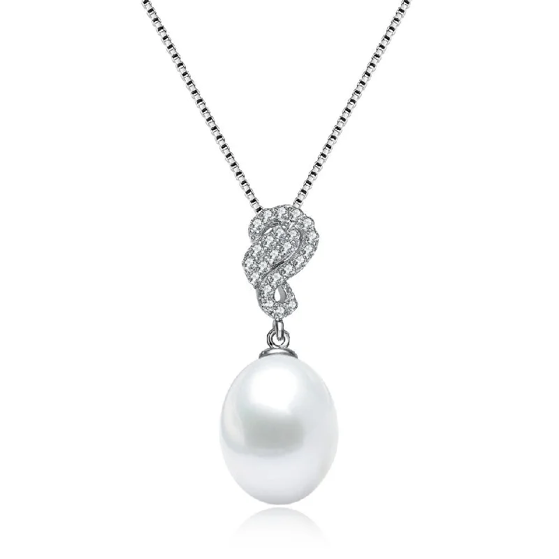 Cz .925 Sterling Silver Rhodium Plated Swirl Design White Pearl Drop Pendant