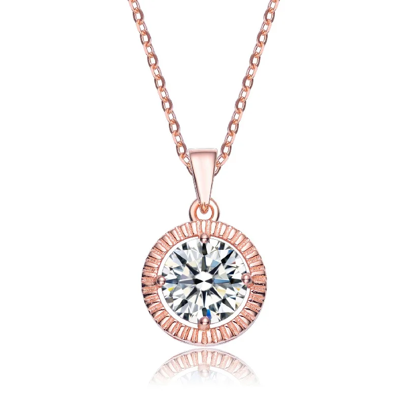 Cz .925 Sterling Silver Rose Plated Classic Round Pendant