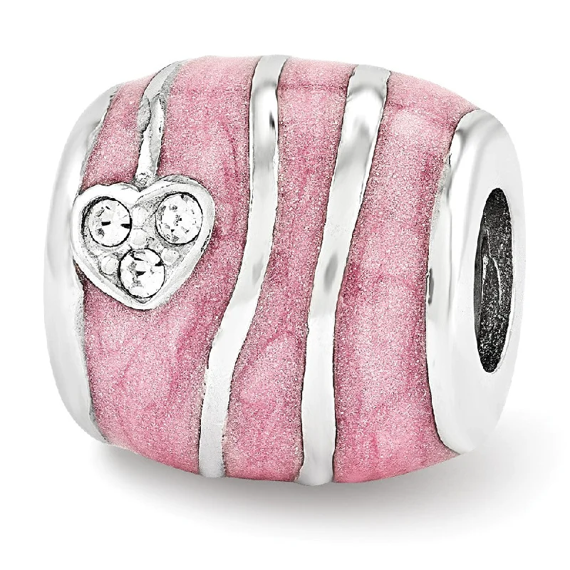 Sterling Silver, Pink Enamel, Crystals Heart Barrel Bead Charm