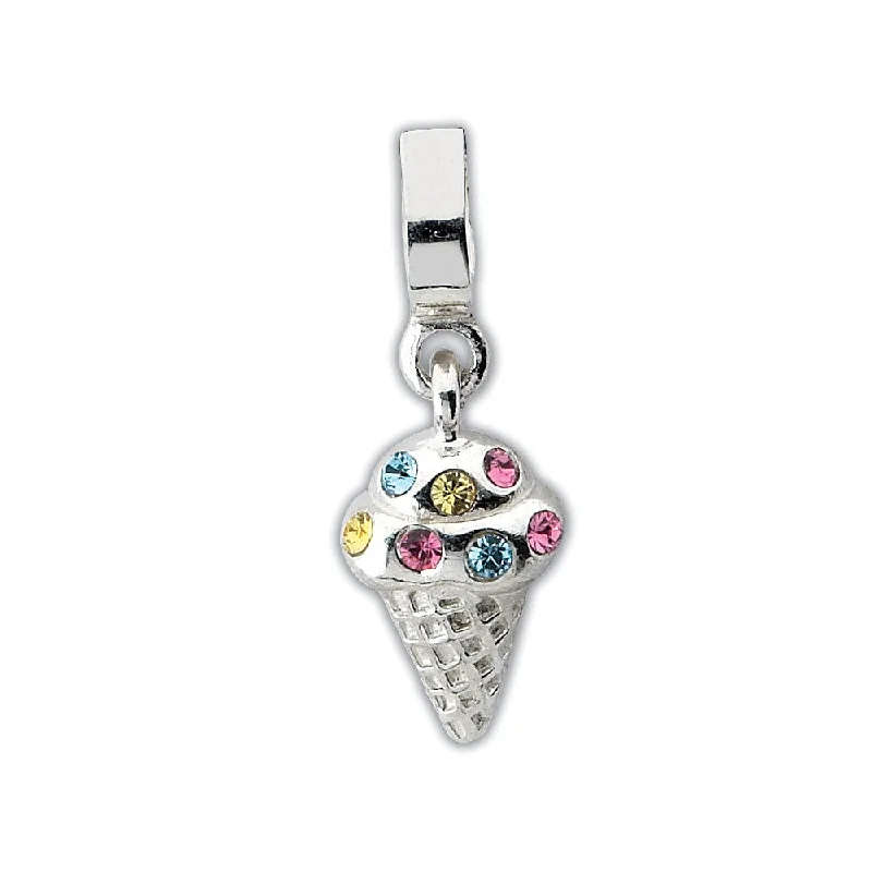 Sterling Silver CZ Ice Cream Cone Dangle Bead Charm