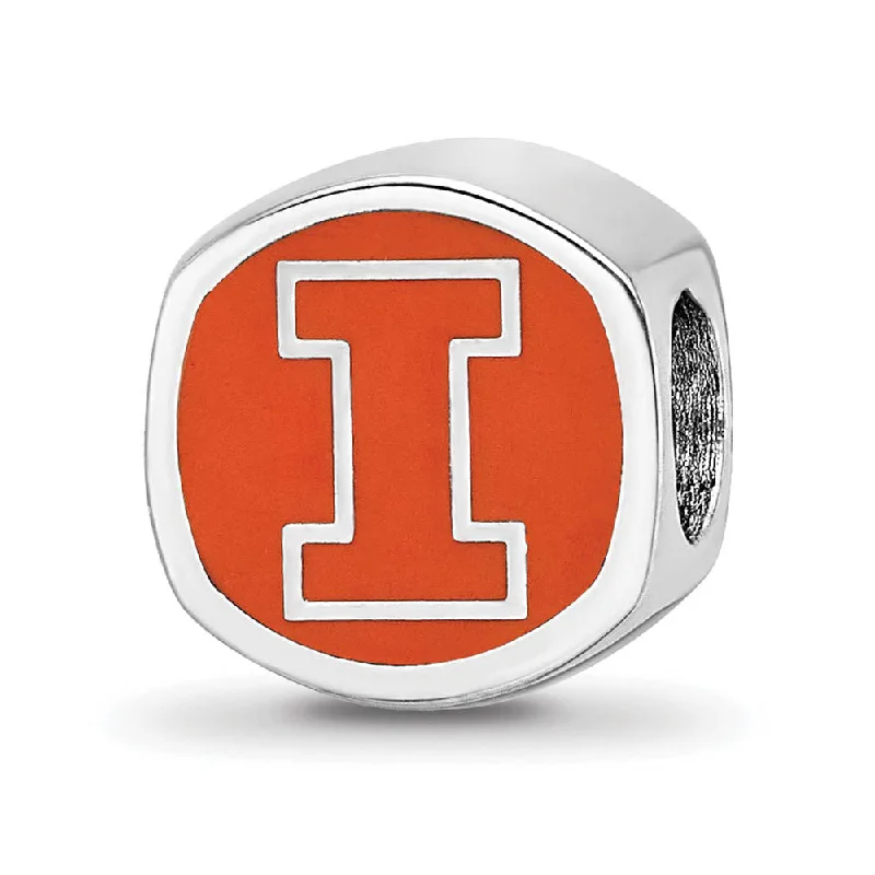 Sterling Silver Rhodium Plated U Of Illinois Enamel Cushion Bead Charm