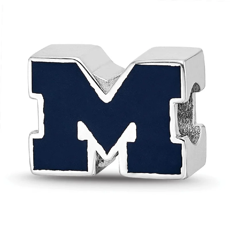 Sterling Silver Rhodium Plated U of Michigan Enamel 1-Sided Bead Charm