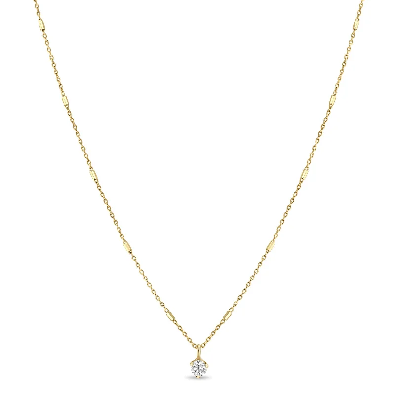 14K Gold Bar Chain Necklace with Prong-Set Diamond Drop