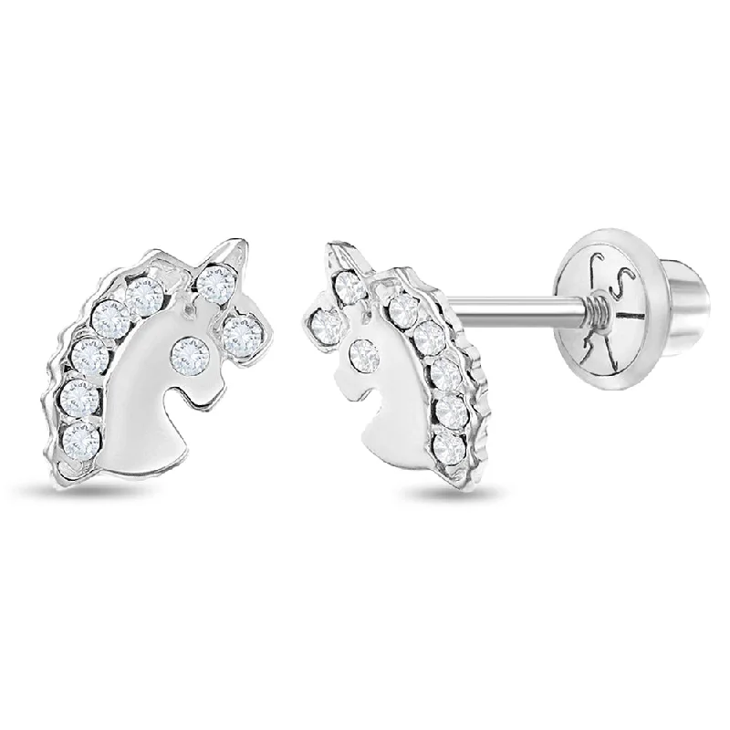 Chic, Trendy, And Affordable Jewelry Sale 14k White Gold CZ Unicorn Kids / Children's / Girls Earrings Safety Screw Back