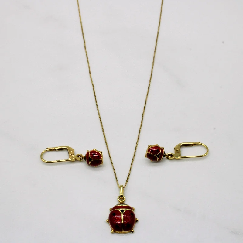 14k Yellow Gold Enamel Ladybug Necklace & Earring Set | 18" |