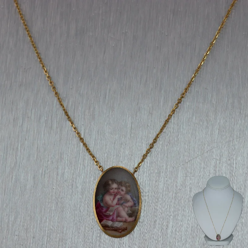 Final Call For Exquisite Jewelry At Reduced Rates 1880's Anituqe Victorian 14k Yellow Gold Hand Painted Porcelain 19" Necklace