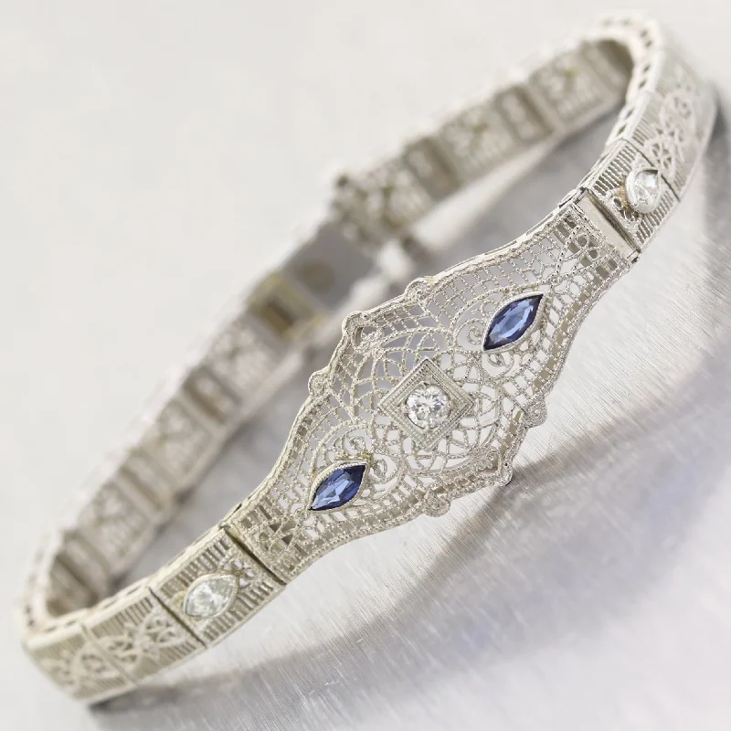 High-End Sparkle, Low-End Prices – Jewelry Sale Live 1930 Art Deco 14k White Gold .50ct Marquise Sapphire & Diamond Filigree Bracelet