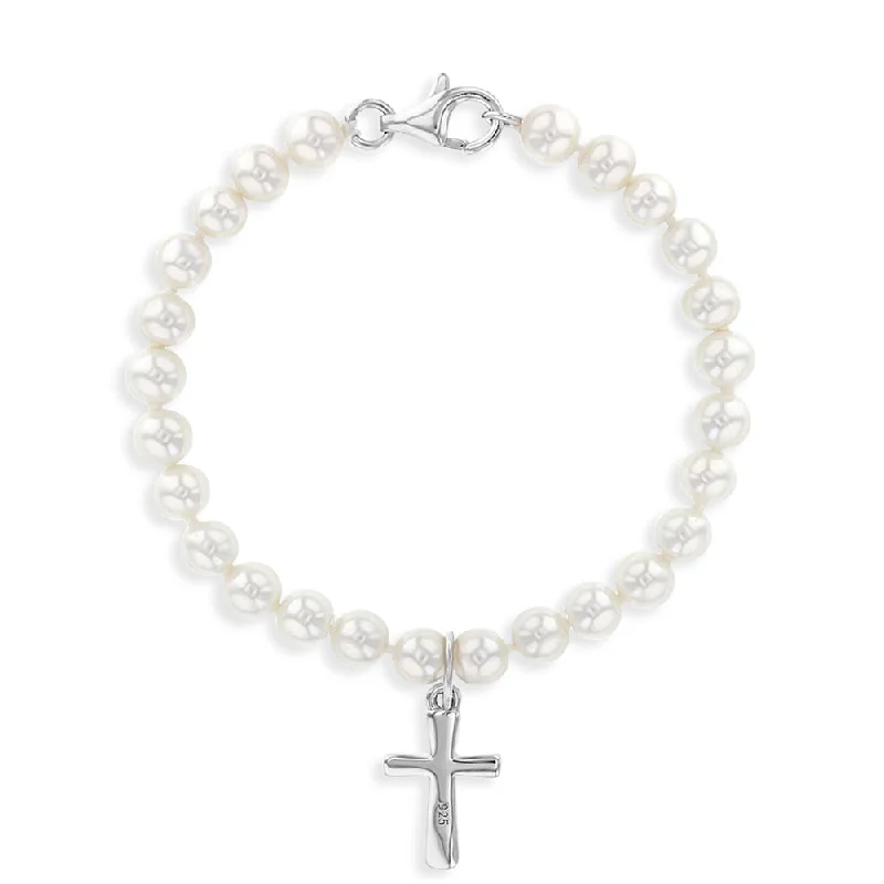 Jewelry Clearance Sale – Final Reductions 5" White Pearls & Cross Baby / Toddler Bracelet Religious - Sterling Silver