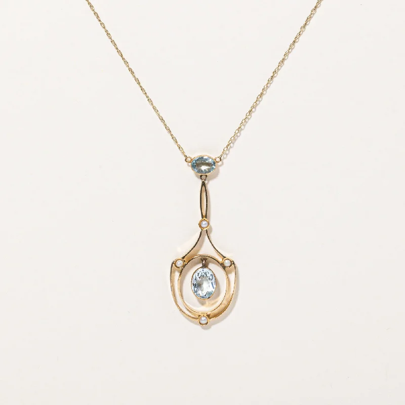 Aquamarine & Seed Pearl Drop Pendant Necklace | 1.30ctw | 16" |