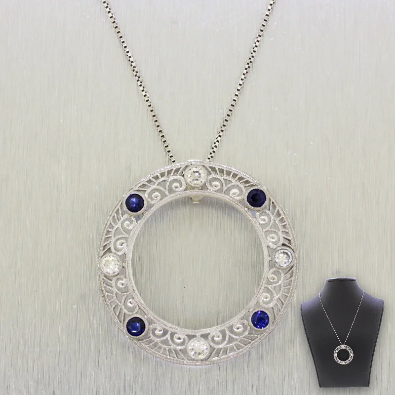 Once-A-Year Jewelry Sale – Grab Your Favorites Now Art Deco Platinum & 14k Gold Diamond & Sapphire Circle Conversion Pendant 22"