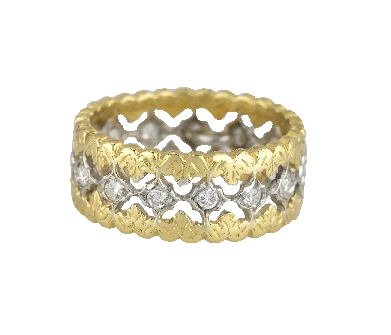 Unique Jewelry Designs Now At Discounted Rates Buccellati 18K 750 Two-Tone Gold 0.60ctw Diamond Leaf Motif Eternity Band Ring