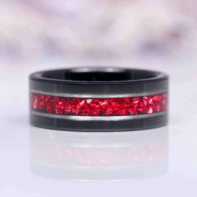 Crushed Red Garnet Wedding Band - 8MM Black Tungsten