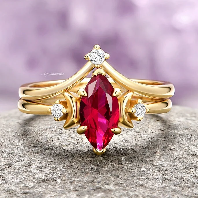 Ruby Moon Ring Set- 14K Yellow Gold Vermeil