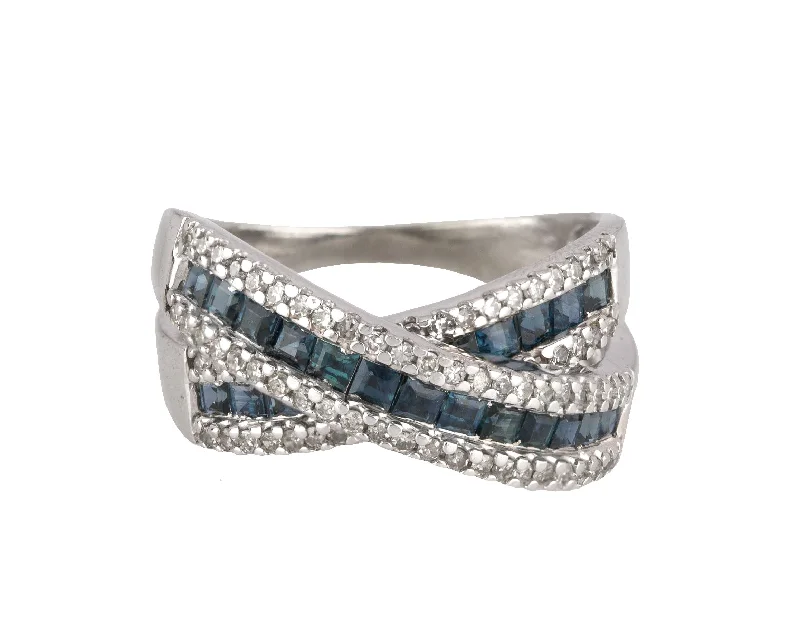 Everyday Jewelry Essentials Now On Sale Womens Modern 14K White Gold Blue Sapphire Diamond Criss Cross X Cocktail Ring